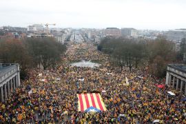 Pro-independence Catalans from all over Europe take part in a rally showing their support to ousted Catalan leader Carles Puigdemont and his government, in Brussels