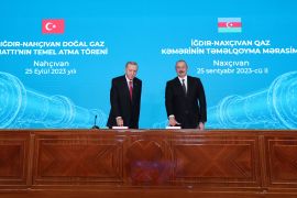 Erdogan na zajedničkoj konferenciji za novinare održanoj s azerbejdžanskim predsjednikom Alijevom u Nahičevanu (Anadolija)