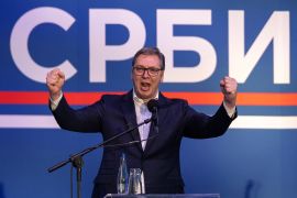 Serbia's President Aleksandar Vucic speaks during a rally to promote the newly formed "The Movement for the People and the State," and to express opposition to months of student protests, in Nis, Serbia, May 17, 2025. REUTERS/Marko Djurica